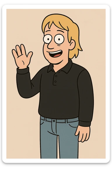 A man straight hair yellow hair Long Sleeve Pique Polo Shirt black lights blue jeans a hand say hello sticker