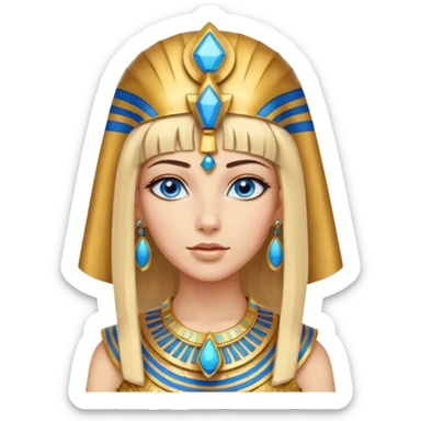 crea l'emoji di Cleopatra ma con i capelli biondi e gli occhi azzurri vestita da faraone con i gioielli egiziani e il cappello da faraone sticker