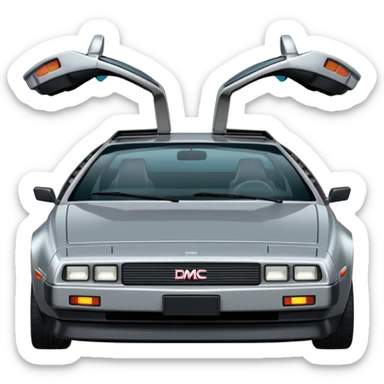 Silver DMC 12 Delorean, closed doors, backside view sticker