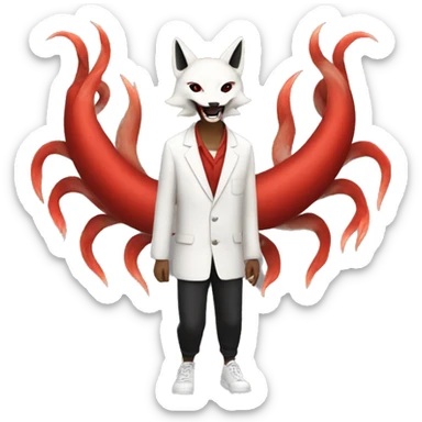 Programmer with Japanese red, black, white kitsune mask walks 2 legs with nine tails sticker