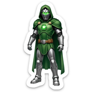 Doctor Doom in full body stance with intense glowing green eyes shining through mask sticker