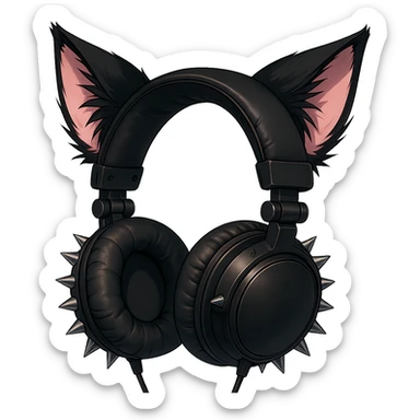 Add cat ears to the goth headphones in a realistic anime style. Keep the background transparent. sticker