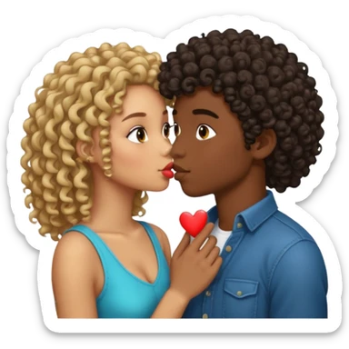 Lightskin boy with curls and a dark skin girl with straight hair kiss sticker