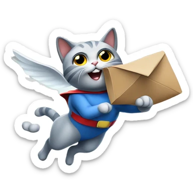 super hero cat that is flying and holding an inbox sticker