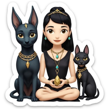 Smiling Witchy-mannered real Audrey Hepburn cleopatra Protecting silky black-haired tiny chained-slave-adorned statuette scale smoky-evil-eyed Anubis dessert scenery stone-age cracked irregular dwelling  sticker