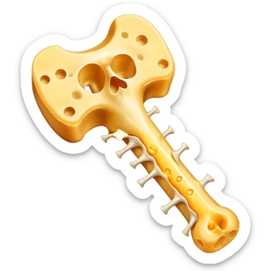 Shredded cheese emitting ethereal golden glow toward a femur bone that shows a healing process with bright golden spots. A luminous K2 vitamin symbol floats nearby, directing the healing energy from the cheese to the specific healing points on the bone. sticker