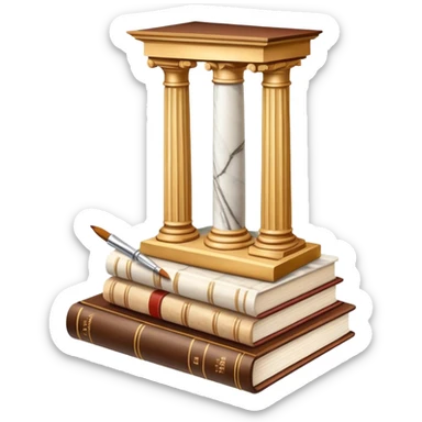 An icon featuring a paint palette, a sculpture, and a book, symbolizing the study of culture and art. The design includes a classical column and a canvas, representing art history and cultural exploration. Transparent background highlights the connection between creativity and history. sticker