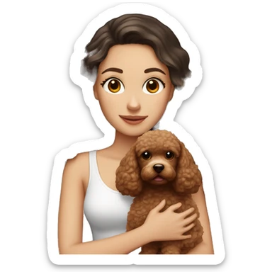 white girl with long dark hair and holding a brown toy poodle  sticker
