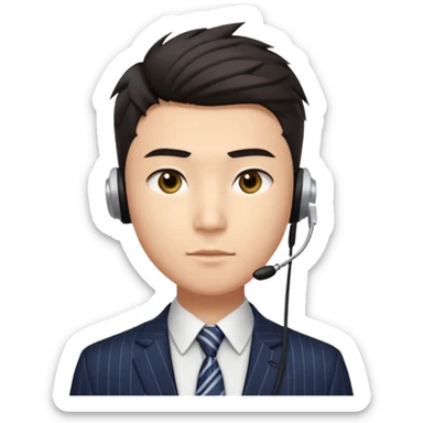 A young Asian man with light skin, short dark hair styled upward with a sharp spiked swoop in front, slightly narrowed almond-shaped eyes with a confident, knowing squint, a clean-shaven face, and a sleek single-ear headset, wearing a dark pinstripe suit with a patterned shirt tie sticker
