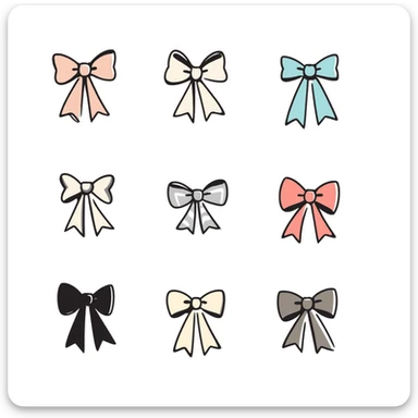various bow styles including classic, ribbon, double, tied in pastel colors dd9fb0, ffc6d3, a3bfc9, c4bee2, f1b091, hand-drawn doodle style sticker