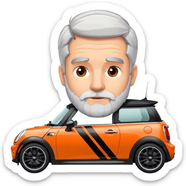 Grey haired bearded man driving a modern orange Mini Cooper with black hood stripes sticker