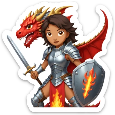 Fierce Latina in armor with a sword in a losing battle with a dragon sticker