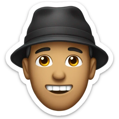 Guy in general emoji style biting lip with teeth showing hand curled under chin with a backwards hat sticker