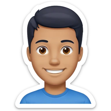 white boy a little bit brown, black hair, smiling, wearing a blue t-shirt sticker