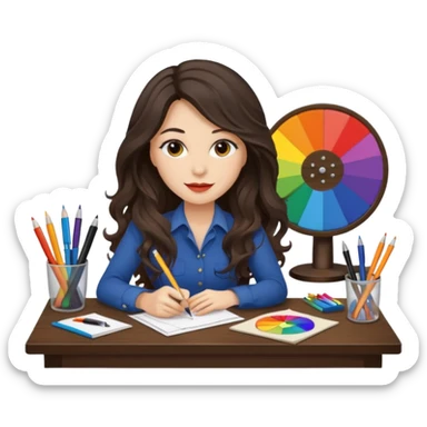 female dark wavy long hair graphic designer , color wheel, pens, papers, desktop sticker