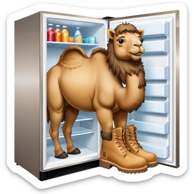 A stainless steel refrigerator with a camel head emerging from the freezer door and camel legs with tan Timberland work boots at the bottom sticker