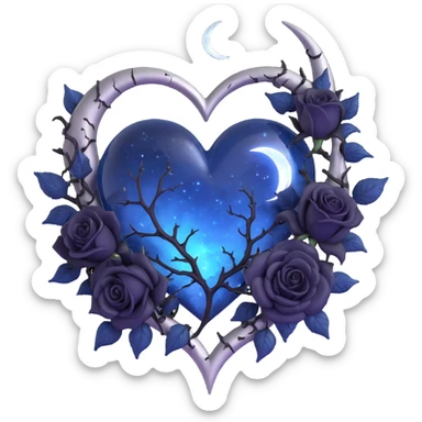 gothic heart, midnight blue glass, silver crescent moon, black roses, stardust, lightning, rain, cracked glass, fantasy dark style sticker