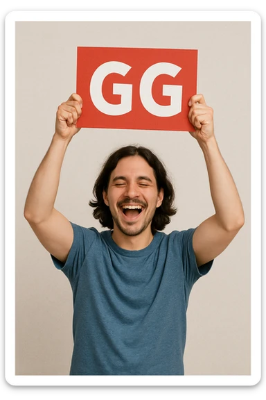 The person in the image is holding the GG sign above their head as if celebrating, the person remains the same. sticker