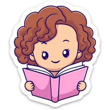 girly character with brown soft curly hair reading a pink book sticker