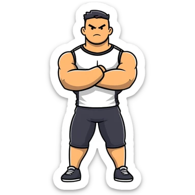 full body bulky male figure standing with arms crossed, muscular build, wearing athletic clothes, serious expression sticker