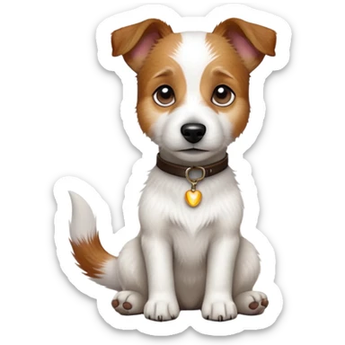 cinematic-[jack russel]-realistic-full-body-sitting-emoji,-tail-resting-loosely-beside-its-paws,-head-tilted-dramatically, -scruffy-[brown and white]-fur,-simplified-yet-realistic-focused-features,-highly-detailed,-glowing-with-an-almost-sarcastic-glow sticker