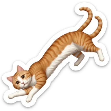 brown tabby and white cat with doing a big extremely long stretch reaching up into the air with arms and legs side by side together straight and overextended whilst lying on its side sticker