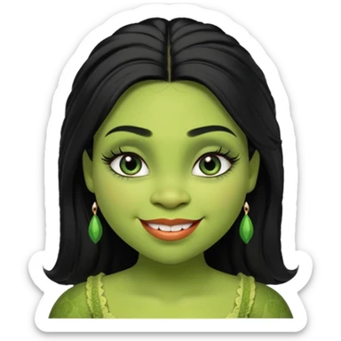 A beautiful girl Shrek, who has big eyelashes and had black hair. She has some makeup on too. She is dressed very very trendy. And she is smilingl. sticker