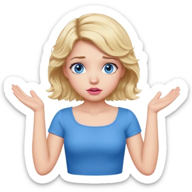Girl Blonde short wavy hair,  blue eyes, cute blue top, long lashes, pink lips, confused, shrugging hands raised sticker