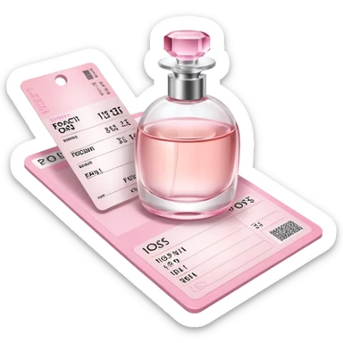 Pastel pink travel-sized perfume bottle on top of a boarding pass, soft lighting sticker