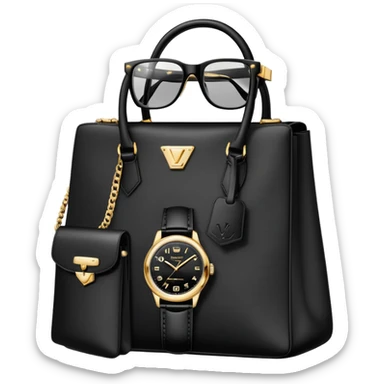 bag and watch, and glasses 1 specfic, all black and white put together like a bundle with no face, all luxury items like lv and prada, and rolex sticker