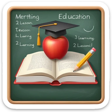 An icon featuring an open book, a pencil, and an apple, symbolizing education and pedagogy. The design includes a chalkboard with a lesson plan and a graduation cap, representing teaching and learning. Transparent background highlights the nurturing of knowledge and growth. sticker