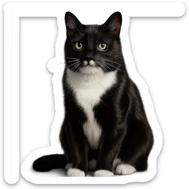 realistic tuxedo cat sitting, glossy fur, white chest, photorealistic sticker