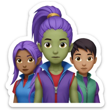 Solo poly platonic relationship, one African girl, one Asian boy, one biracial features Asian tomboy girl rat-tail hair long and upper masculine hair 90s, vampire and marvel cosplay elements inspired  use marvel race, like instead of obvious human, green purple blue etc,  sticker