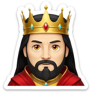 


an old king with yellow skin, red eyes, 60 years old, black hair, black beard, wearing a crown, red robe, fierce face, baron/lord vibe, longer hair cover the face, add scar
 sticker