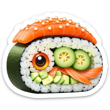 Cute Kawaii California Roll, tiny and round, cute layers of avocado, crab, and cucumber, wrapped in bright orange fish roe, a joyful winking face, tiny sesame seed freckles! sticker