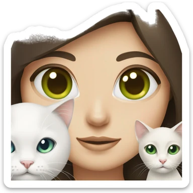 brunette with green eyes holds a white cat with blue eyes sticker