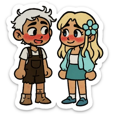 Create a couple image of these two cartoon characters standing side by side, both blushing and looking shyly at each other, matching their style, transparent background. sticker