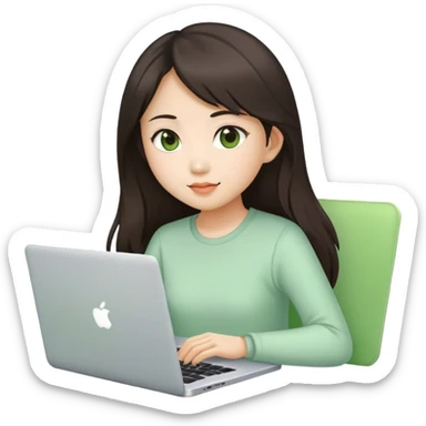 Long brunette Asian girl with light green laptop  sticker