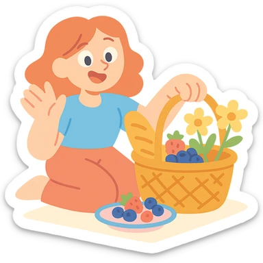 picnic basket with berries, bread, and flowers in warm pastel shades, pastel-toon style sticker