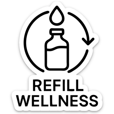 minimal black and white logo for 'Refill Wellness', simple modern design suggesting refill or replenishment of wellness, water droplet refilling, bottle being filled, circular arrow symbolizing renewal, clean lines sticker