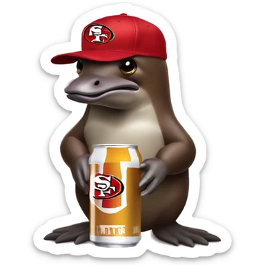 platypus in a 49ers cap holding a white beer can sticker