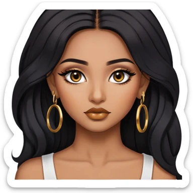indian girl, brown skin, long black voluminous hair, brown underneath colored hair, baddie,pretty, makeup, lipliner, black eyeliner, gold hoop earrings, white top sticker