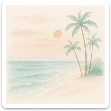 soft watercolor illustration in a minimalist modern style of a tropical beach with white sand, turquoise water, gentle waves, a few palm trees, during sunset, pastel colors, delicate linework, gentle whimsical mood, minimal soft shading sticker