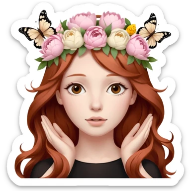 Woman with long flowing auburn hair wearing a pastel flower crown with pale pastel pink peonies and cream colored roses and butterflies in it sticker
