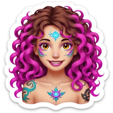 woman with long curly brown hair, brown eyes, white skin, tattoos, fake innocent smile with chaotic neon aura sticker
