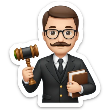 “Create a clean, modern emoji-style illustration of a male lawyer. He is wearing a formal suit jacket. He is holding a judge’s gavel (QUE SE VE DE COSTADO) in one hand and has a law book tucked under his arm. He has a mustache and a short beard, and GLASSES sticker