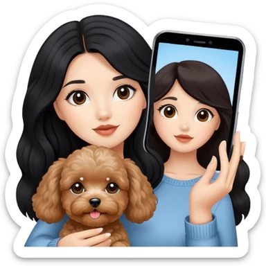 beautiful women with long black hair and  cute brown maltipoo taking a selfie  sticker