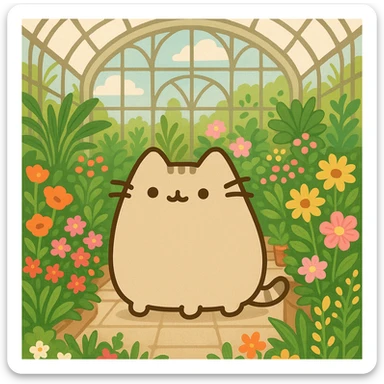 beige pusheen-style kitten in a botanical garden greenhouse filled with flowers sticker