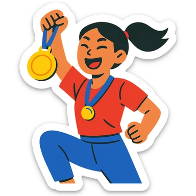asian girl raising a medal in victory, energetic and dynamic pose sticker