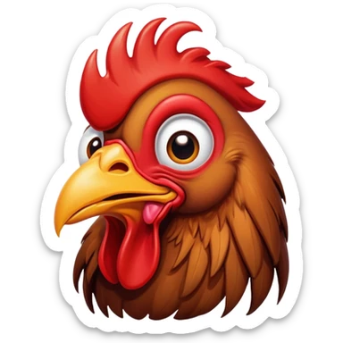 Cinematic Comical Brown Rooster Portrait Emoji, Head tilted dramatically with an exaggeratedly amused expression, featuring a striking, glossy brown plumage with a bold red comb, wide, expressive warm eyes filled with playful disbelief, Simplified yet hilariously expressive features, highly detailed, glowing with a slightly sassy glow, high shine, dramatic yet playful, stylized with an air of cheeky mischief, bright and endearing, soft glowing outline, capturing the essence of a spirited and over-the-top rooster, so meme-worthy it feels like it could crow its way into internet fame instantly! sticker